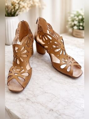 L'artiste Tan Leather Flamenco Block Heel Zipper Back Size Euro 42 10.5 11 New!